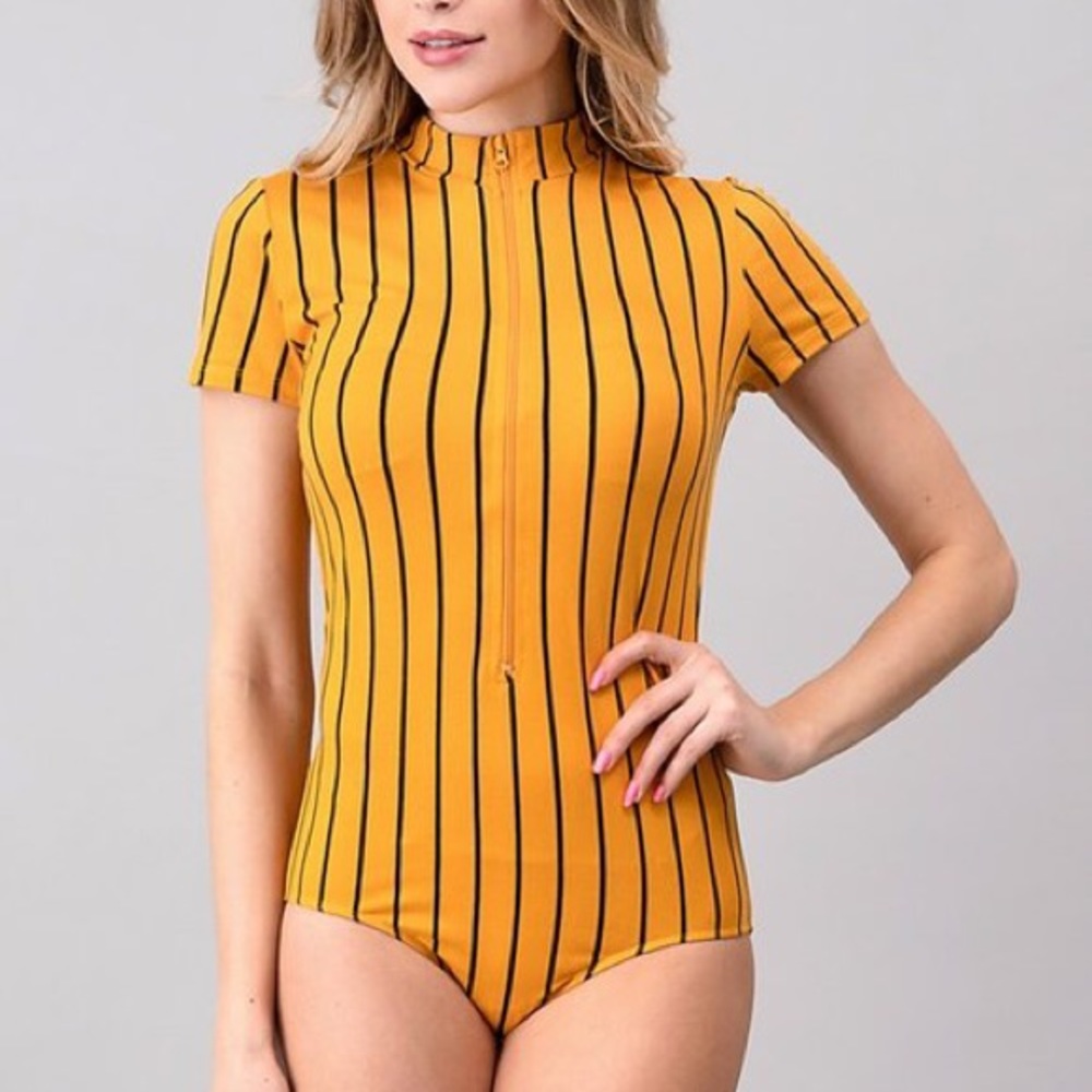 Heart & Hips yellow stripe front zipper bodysuit
